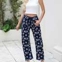 Kedera Women Printed Barrel Jeans High Waist Drawstring Denim Pants Wide Leg Printed Horseshoe Jeans with Pockets (Blue)