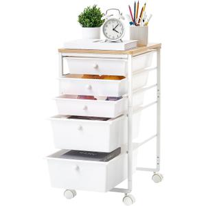 VEVOR Rolling Cart with Drawers, 5 Drawer Storage Organizer, Mobile Utility Cart with Wood Top, Steel Frame, Universal Casters & 2 Brakes, for Office, Classroom, Craft Supplies, Bedroom, Makeup, White