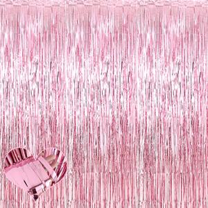 4 Pack Pink Fringe Curtain Backdrop, 3.2Ft x 8.2Ft Metallic Tinsel Foil Fringe Streamers Background for Photo Booth Birthday Wedding Baby Shower Carnival Easter Mothers Day Party Decorations