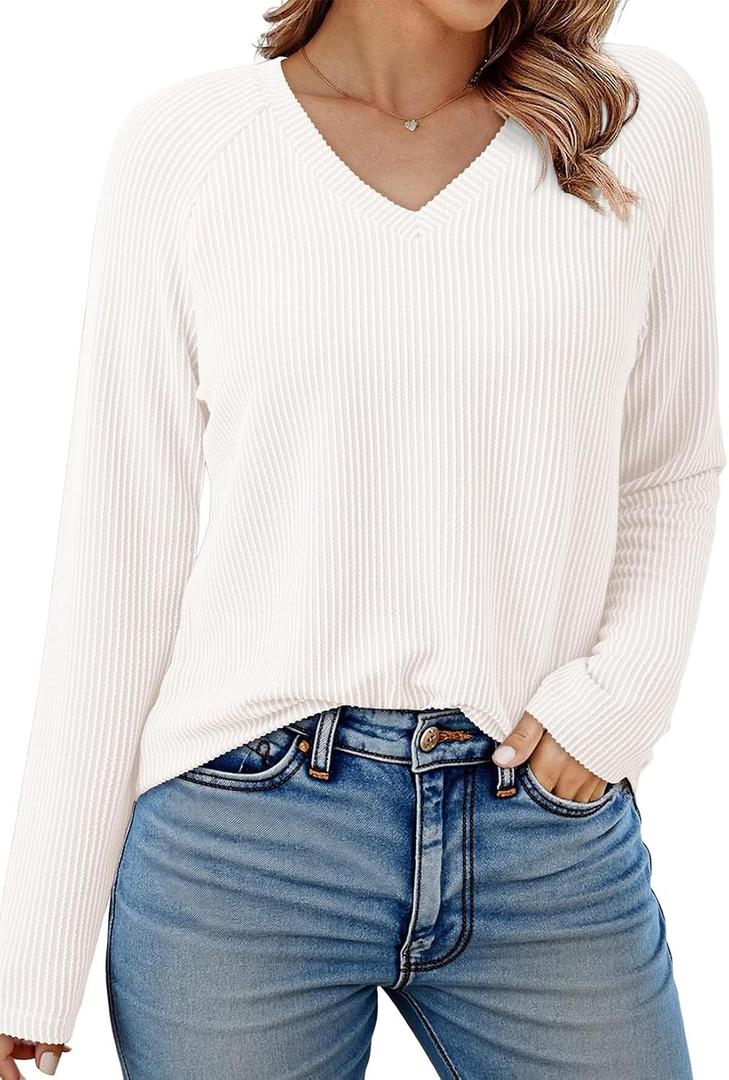 Dokotoo Spring Tops for Women 2026 Long Sleeve Ribbed Knit Teacher Shirts Fashion Clothing Women Blouses V Neck T Shirts