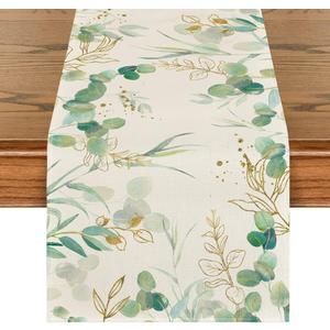 Artoid Mode Beige Greenery Eucalyptus Summer Table Runner, Spring Seasonal Anniversary Holiday Kitchen Dining Table Decoration for Indoor Outdoor Home Party Decor 13 x 36 Inch