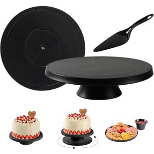 12 inch Revolving Cake Stand with Spatula, Black Rotating Cake Turntable for Cake, Bamboo Fiber, Multi-Functional Rotating Cake Stand for Decorating Used as Cake Plate Holder & Serving Platter