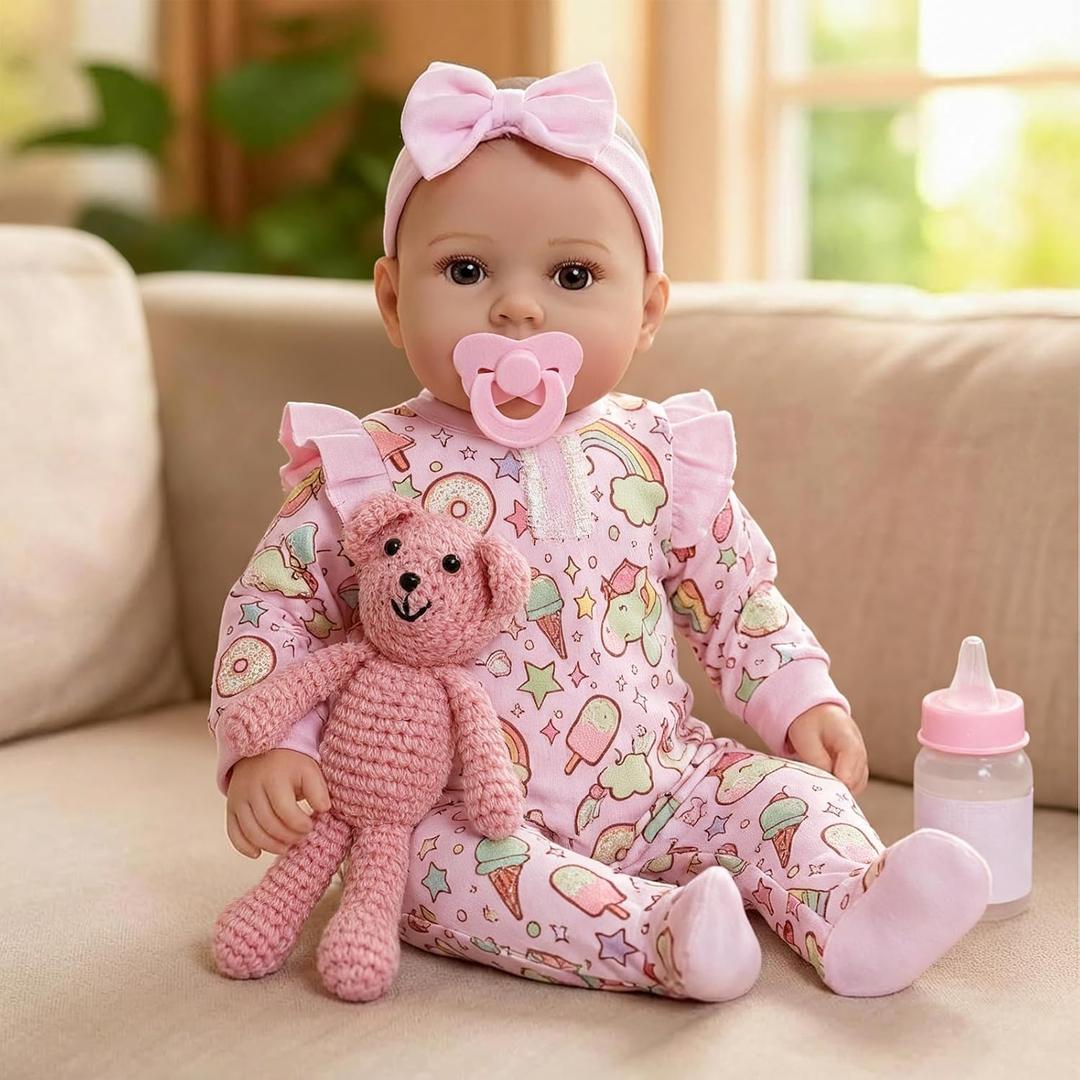 Baby Dolls, 17 Inches Large Realistic Baby Doll with Cute Soft Body, Real Life Baby Dolls Girl, with Bottles & Pacifier, Diapers and Bibs, Gift Idea for Ages 3+