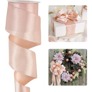 HUIHUANG Satin Wired Ribbon 2.5 inch Rose Gold Wire Edge Ribbon for Wreaths, Bows, Gift Wrapping, Garland, Wedding Decorations, Home Decor, Christmas Tree-Continous 10 Yards