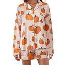 MBZJSDKHLK Women's Halloween Pajamas Set Silk Satin Pumpkin Print Long Sleeve Button Down Shirt 2 Piece Pjs Shorts Sets, M