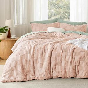 Bedsure Queen Size Comforter Set Dusty Rose, Boho Tufted Bed Set, Checkered Farmhouse Shabby Chic Bedding, 3 Pieces, 1 Plaid Geometric Comforter 90"x90" and 2 Pillow Shams 23"x29"