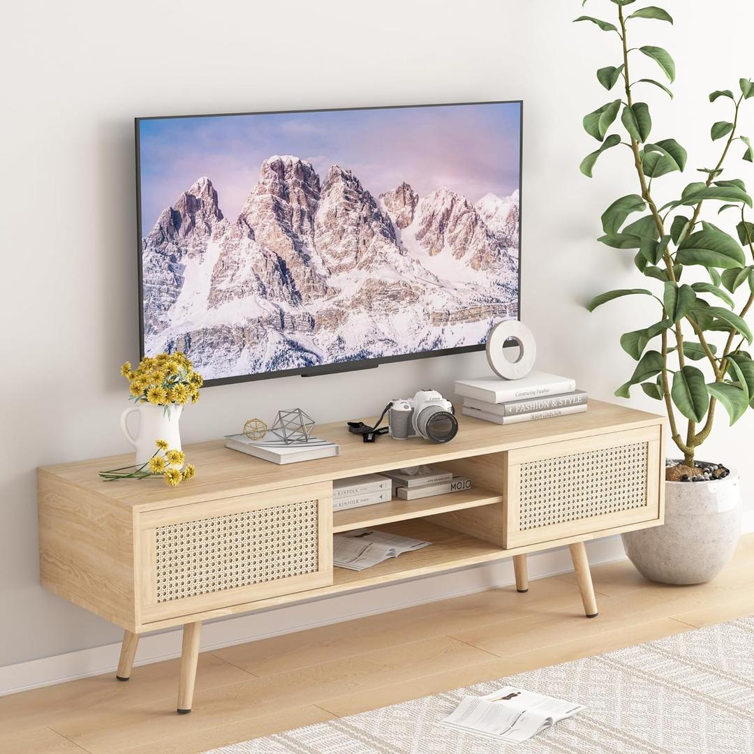 Rattan TV Stand for 55 Inch TV Boho TV Console Media Cabinet with Sliding Rattan Doors Farmhouse Television Stands TV Cabinet Solid Wood Legs Entertainment Center TV Console Table for Living Room