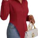 OPOIPIN Women's Collar V Neck Button Down Long Sleeve Slim Fit Slit Hem Shirt Blouse Top (S)