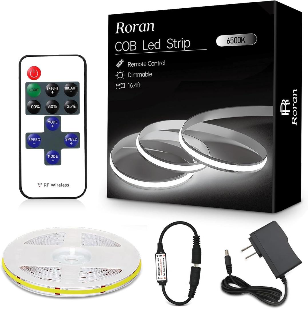 COB LED Strip Light with Remote Control, Dimmable, 6500K, White COB Light Strip, Indoor Led Light Strip for Living Room, Bedroom, Kitchen