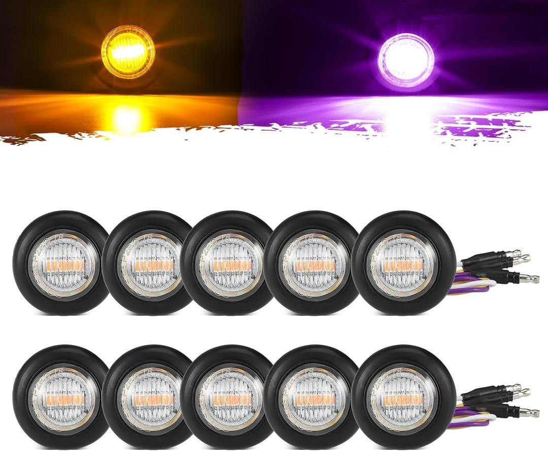 Partsam 10Pcs Dual Color 3/4" Round LED Marker Light Amber to Purple Auxiliary Light Side Marker DOT Approved Clearance Light Turn Signal Indicators with Bullet Plug for Trailer Truck Pickup Camper RV