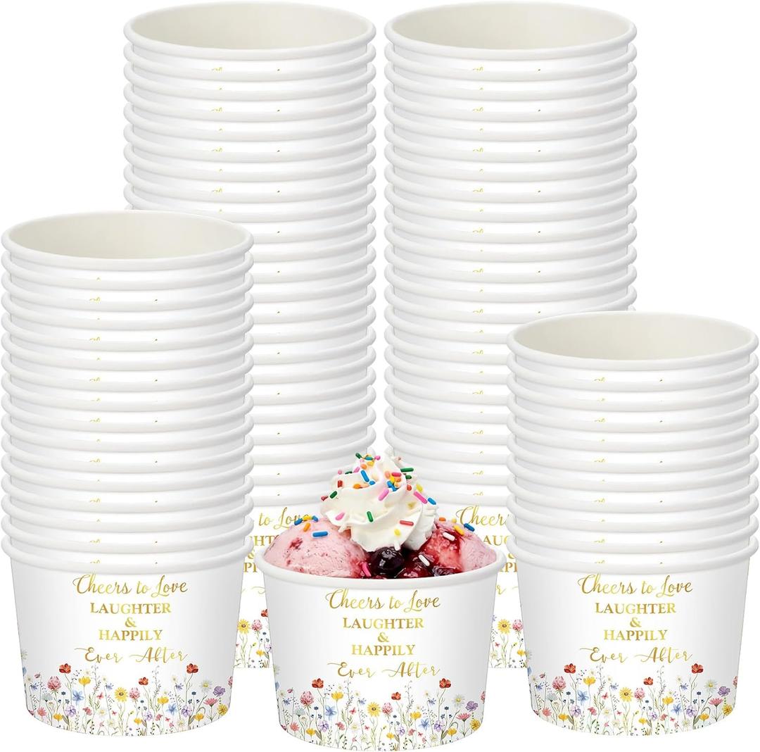 Funnymoom 50 Pack Floral Bridal Shower Ice Cream Cups 9 oz Cheers to Love Disposable Dessert Bowls Paper Soup Bowl Wildflower Snack Cups for Hot or Cold Food for Wedding Engagement Bridal Shower Party