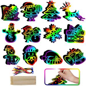Max Fun Christmas Crafts Scratch Art for Kids, 48PCS Magic Rainbow Scratch Off Paper Cards, Christmas Ornaments Hanging Art for Kids Party Favors Supplies, Stocking Stuffers Educational Toys