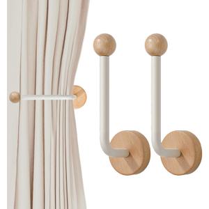 2 Pack Adhesive Curtain Holdbacks no Drill Wood Curtain Tiebacks Wall Mounted Curtain Pull Backs Curtain Tie Backs for Drapes (White)