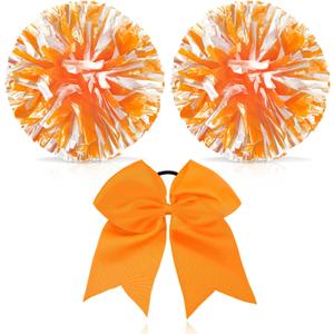 Hanaive 3 Pcs Cheerleading Pom Poms and Large Cheerleader Hair Bow Metallic Cheer supplies for Team Spirit Sports Dance Cheering(Orange Mixed White,Matte)