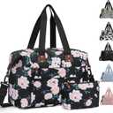 Pritent Travel Duffle Bag, Waterproof Weekender Overnight Hospital Bags for Women Men with Toiletry Bag Lightweight Personal Item Duffle Gym Bag for Travel, Airplanes, Sports(Black Flower, Medium)
