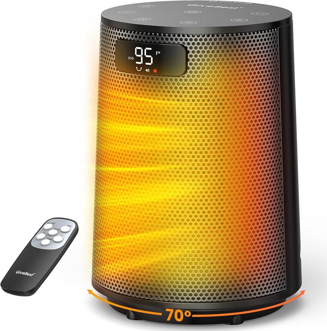 GiveBest Space Heater, Electric Portable Heaters for Indoor Use with Thermostat and Remote, 70Oscillation, Digital Display, 12H Timer, 1500W PTC Ceramic Fast Safety Heat for Office Bedroom Home Desk (Black)