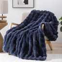 Smoofy Faux Fur Throw Blanket for Couch  Navy Blue Fluffy Cozy Rabbit Fleece, Plush Soft Bubble Blanket for Sofa & Bed, for Mom, Warm Fuzzy Home Room Decor Throw 50" x 60"