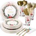 Sliner 350 Pcs Christmas Party Supplies Disposable Christmas Tableware Set 100 Paper Plates 50 Cup Napkin Knives Fork Spoon Xmas Holiday Party Dinnerware Table Decoration Classic Xmas Tableware