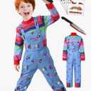【5 Sizes for 3-11Y】 Halloween Chucky Costume for Kids Jumpsuit Long Sleeve Rainbow Shirt Scar Tattoos Prop Knife
