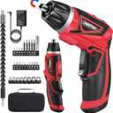 Cordless Electric Screwdriver Set, 8V 10Nm Rechargeable Power Electric Drill, Battery Screw with Driver Bit, 320RPM/10+1 Torque, 2 Position Handle, Flexible Shaft LED Light (Red, 28Pcs)