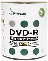 Smart Buy 100 Pack DVD-R 4.7gb 16x Silver Printable Inkjet Blank Record Disc, 100 Disc 100pk