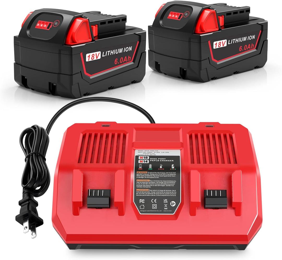 2Pc 6.0Ah 18V for Milwaukee M-18 Battery WK18 N18-N14 Charger Compatible for Milwaukee 18v Battery and Charger Combo Fast Charging for 48-11-1850 48-11-1860 48-11-1820 48-11-1840 48-11-1830 48-11-1870
