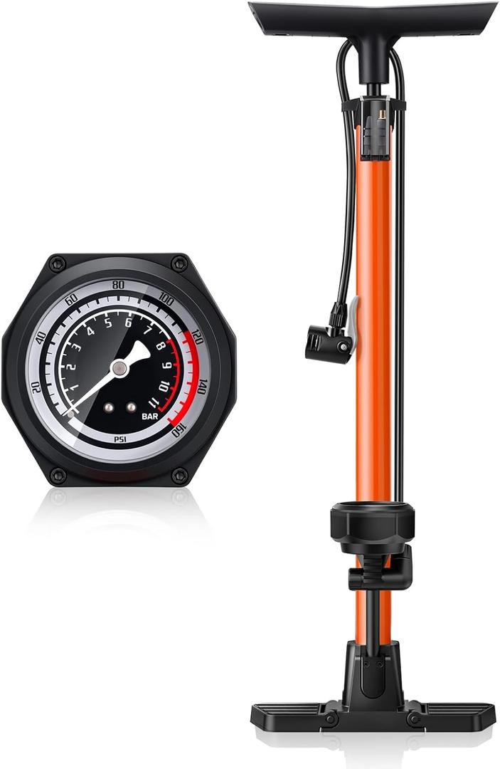 Onvian Bike Floor Pump with Gauge160PSI High Pressure, Air Bicycle Pump Presta and Schrader Valve, Fast Inflation Bike Tire Pump for Bikes, MTB,Hybrid,Balls, Ergonomic Design Bike Accessories