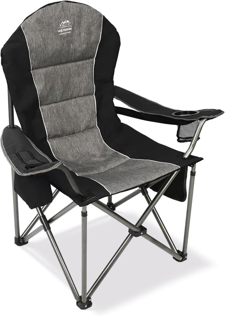 Camping Chairs for Adults, High Back Folding Camp Chair with Cup Holder and Cooler Bag, Heavy Duty Outdoor Lawn Chairs, Perfect for Camping, Hiking, Picnics, and Beach Trips, Black