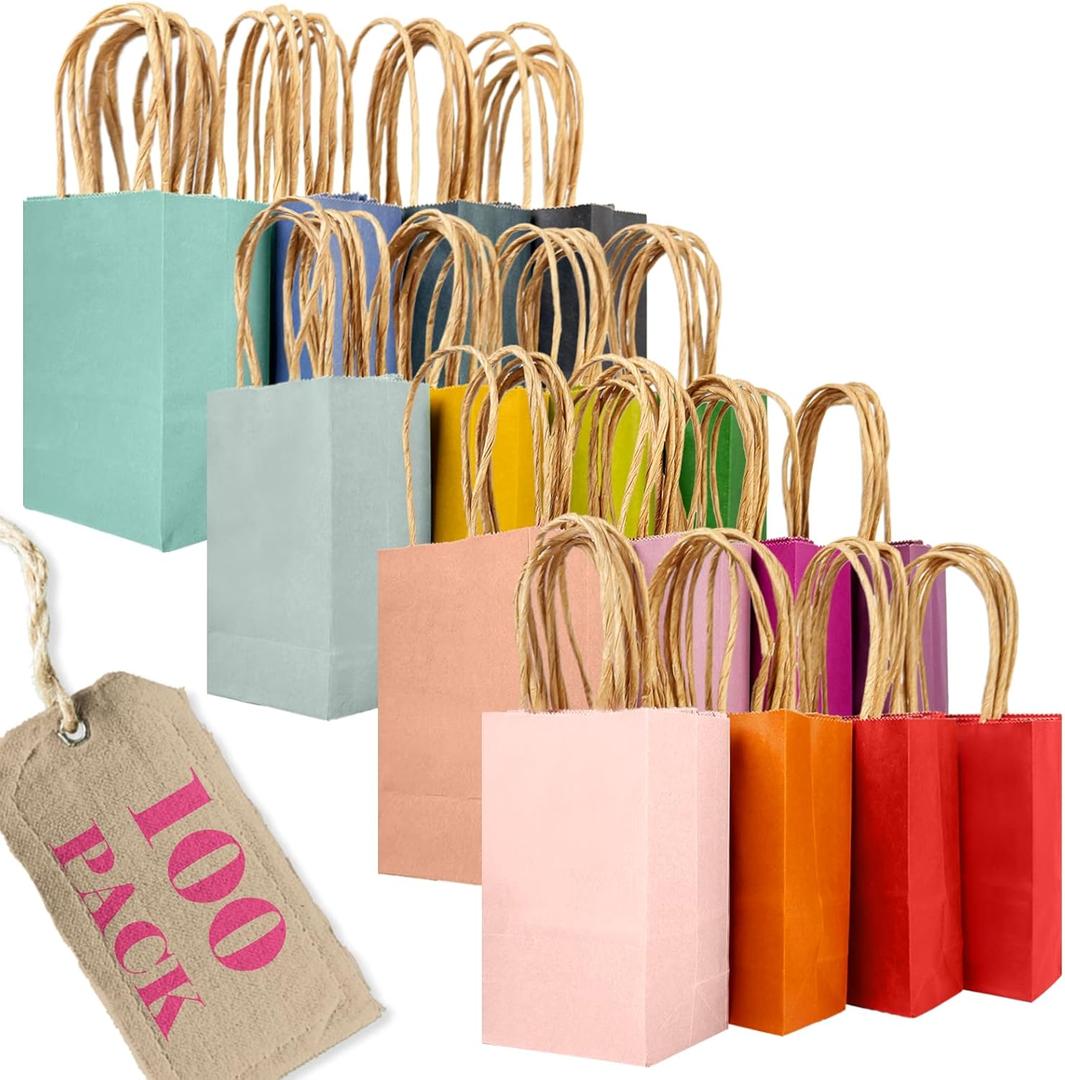 qiqee 100Pcs Mini Size Paper Gift Bags with Handles - 4.5"2.5"6" Kraft Small Party Bags - 16 Solid Colors