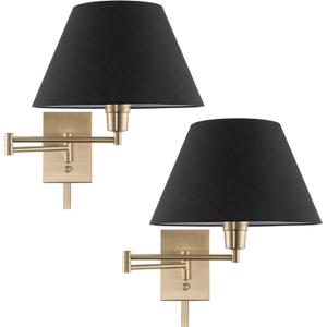 Kira Home Cambridge 15" Modern Swing Arm Wall Lamp - Plug in/Wall Mount + Black Fabric Shade, Cool Brass Finish, 2-Pack