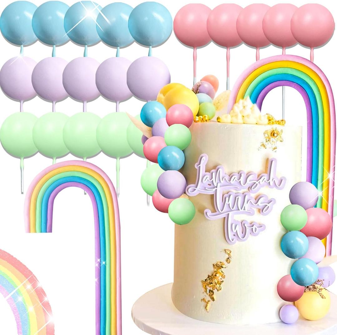 LaVenty 21 PCS Macaroon Rainbow Ball Cake Toppers Colorful Rainbow Cake Topper Pastel Color Balls Cupcake Toppers for Birthday Baby Shower Wedding Party (Light Colour)