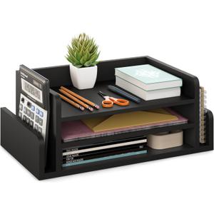 Ballucci 3-Tier Desk Organizer with 2 Side Mail Sorter Slots, Wood Letter Tray, Open Top Paper Organizer, Desktop File Organizer, Black (16.5" x 9.5" x 6.5")