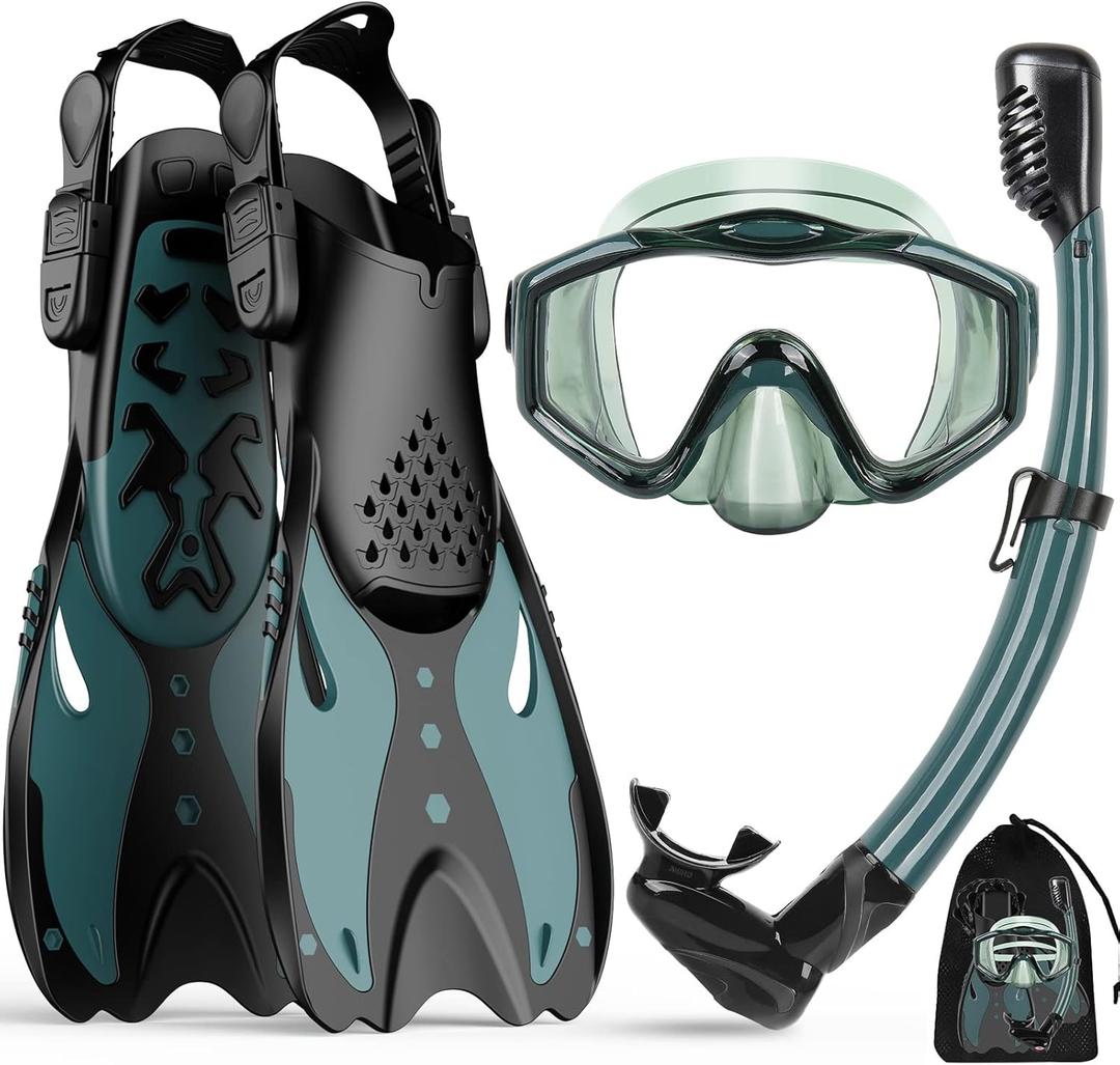 KUYOU Mask Fins Snorkeling Gear for Adults - Wide View Anti-Fog Mask, Full Dry Top Snorkel Gear Set (Large/X-Large With Fins, Dark Celadon)