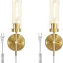 Plug in Wall Sconces Set of Two, Modern Wall Light Plug-in or Hardwired, with Clear Glass Shade, Gold Wall Lamp for Living Room, Bedroom, Bedside, Hallway