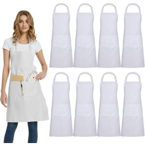 DUSKCOVE 8 Pack Bib Aprons Bulk - Unisex White Commercial Apron with 2 Pockets for Kitchen Crafting BBQ Drawing Cooking