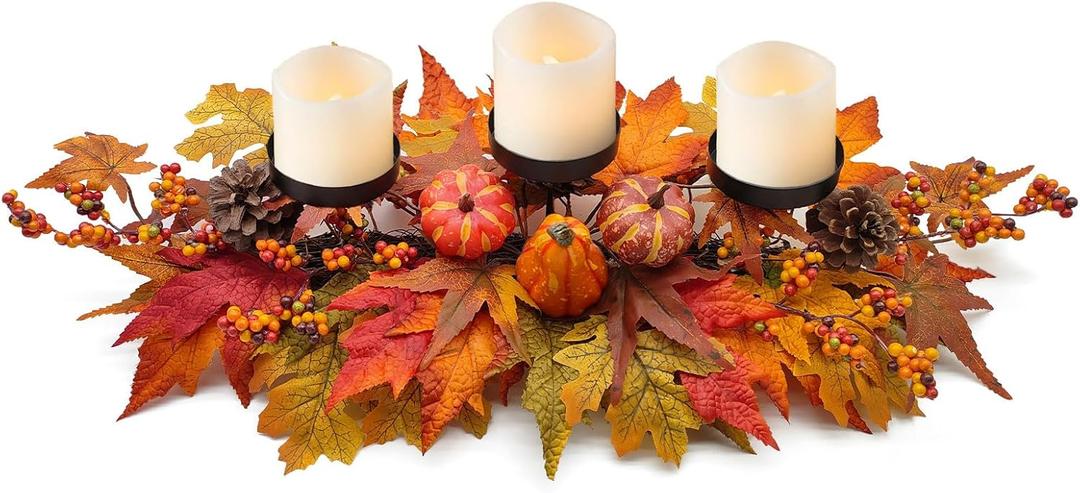 Thanksgiving Centerpiece Fall Table Decorations, Artificial Gourd, Pumpkins, Pine Cones, Maple Leaves and Berries Harvest Table Candle Holder for Dinning Table, Fireplace Mantel (Candle Not Included)