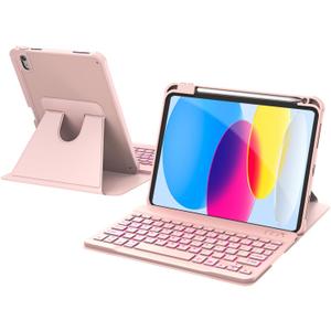 RAYMCRAFT for iPad 11th(A16, 2025)/10th Generation Case with Keyboard, 360 Rotatable Case & Detachable Backlit Keyboard, Precision Cutouts and Pen Holder for iPad A16 11''/10th 10.9'', Light Pink