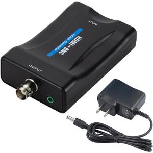 HDMI to BNC Converter Video Adapter, HDMI in Female BNC Coax Out Connector Composite Box with 3.5mm Audio Output for Full HD DVD DVR PS4 Wii Game Image to Coaxial Analog CVBS Signal Camera Monitor TV