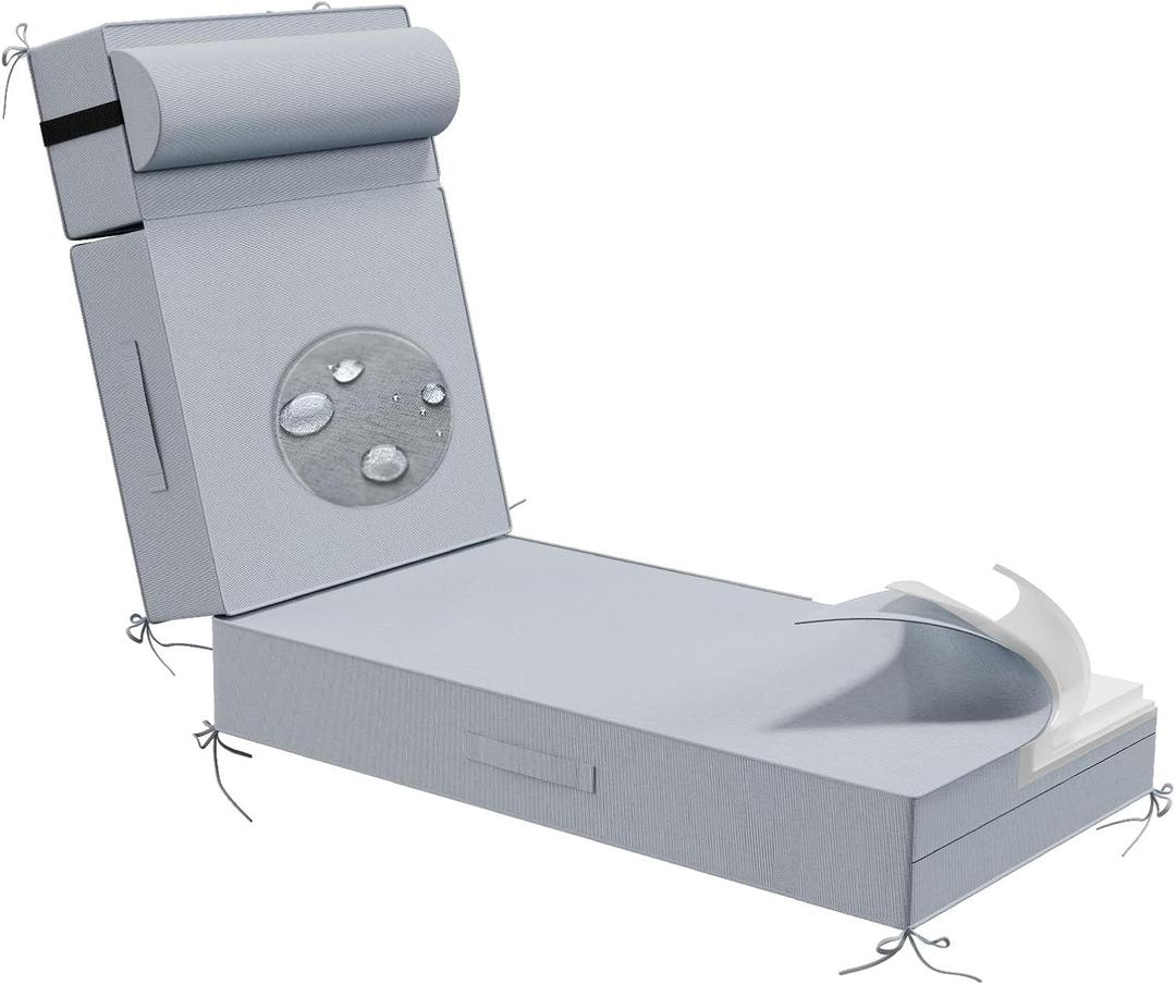 Outdoor Olefin Chaise Lounge Cushions with Pillow, 80"x 26"x5" Water Resistant and Fade Resistant Patio Furniture Lounge Chair Pads with Straps Ideal for Patio, Lawn, Garden, Light Gray