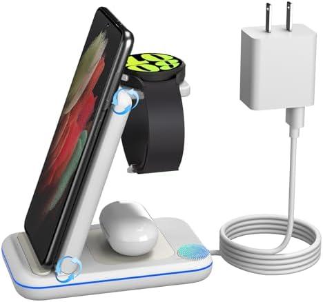 Wireless Charger for Samsung/Android, HOLYJOY Foldable 3 in 1 Fast Charging Station/Stand/Multi Charger for Samsung S25 Ultra/S24/Note 20, Travel Pad for Galaxy Watch 7/6/5/4/Active 2, For Buds(White)