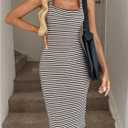 GORGLITTER Women's Striped Crochet Maxi Dress Gingham Square Neck Slit Bodycon Long Casual Wedding Guest Dresses (L)