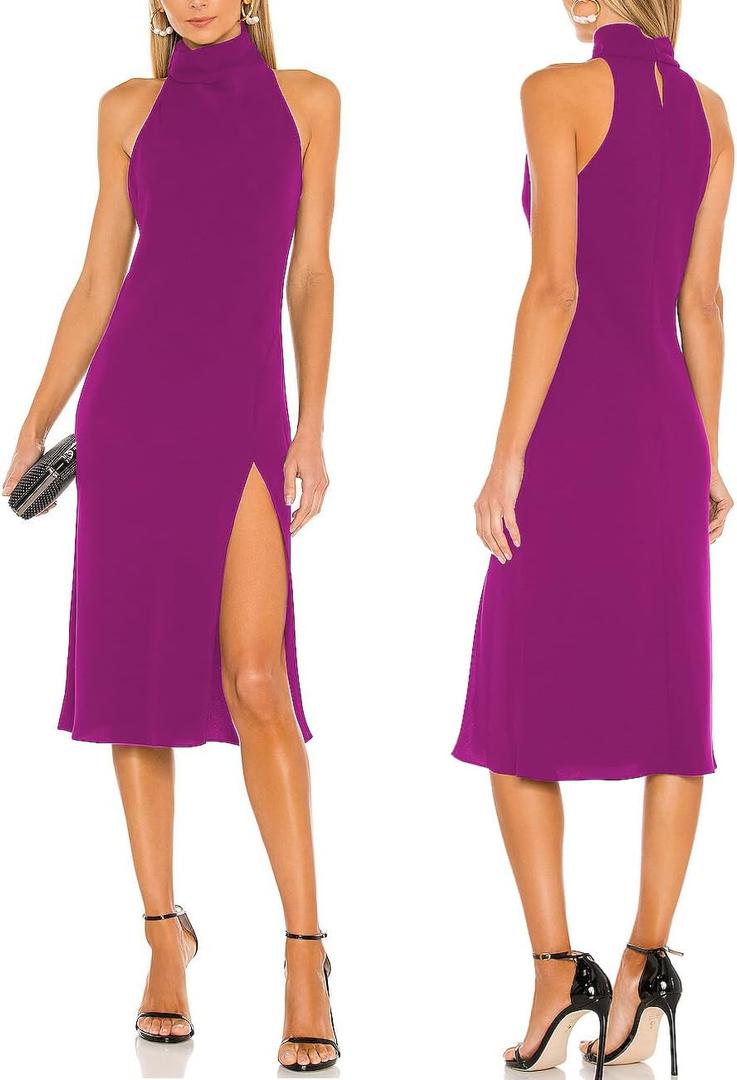 ALENDA DANMOS Women's Sleeveless Bodycon Halter High Neck Midi Dress Thigh High Slit Cocktail Party Dress 193 Large