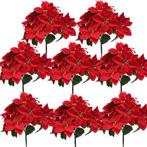 Red Christmas Artificial Poinsettia Flowers 8Pack Silk Red Poinsettias Artificial Bushes Christmas Flowers 5 Heads Floral Bouquet with Stem for Home Decor