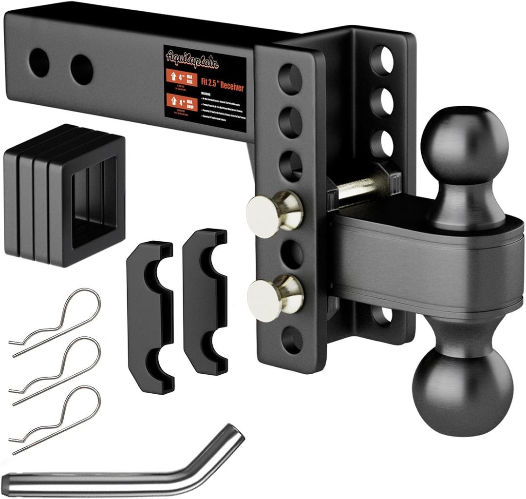 2.5 inch Adjustable Trailer Hitch 2-1/2 Receiver Drop Hitch Fits 2.5" Receiver 4" Rise/Drop, 2'' & 2-5/16'' Ball 25000 LBS Heavy Duty for RVs, Campers, Boat Trailer