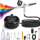 Airbrush Kit with Air Compressor，25-48 PSI High Pressure Air Brush Kit Non-Clogging with 0.2/0.3/0.5mm Nozzle & Cleaning Set for Painting, Modeling, Cake, Beauty Makeup, Nails, Crafts (Black)