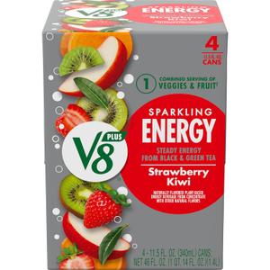 V8 +Energy Sparkling Strawberry Kiwi Juice Energy Drink, 11.5 fl oz Can (4 Pack), Best By June 04 2026 