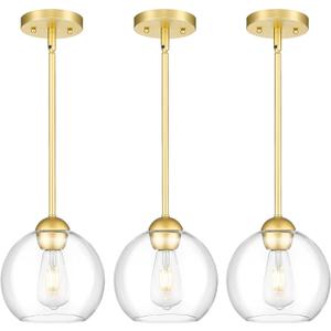 Emak Pack of 3 Pendant Lights Kitchen Island, Gold Pendant Light Fixtures with Clear Glass Shade, Modern 8 Inch Globe Hanging Lights for Kitchen, Bedroom, Bar, PL121-GD-3PK