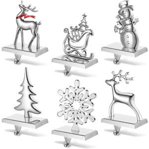 Jetec Set of 6 Christmas Stocking Holders for Mantle Silver Metal Snowflake Snowman Santa Reindeer Christmas Hooks Hangers for Mantel Fireplace Xmas Party and Home Decoration(Santa Claus)