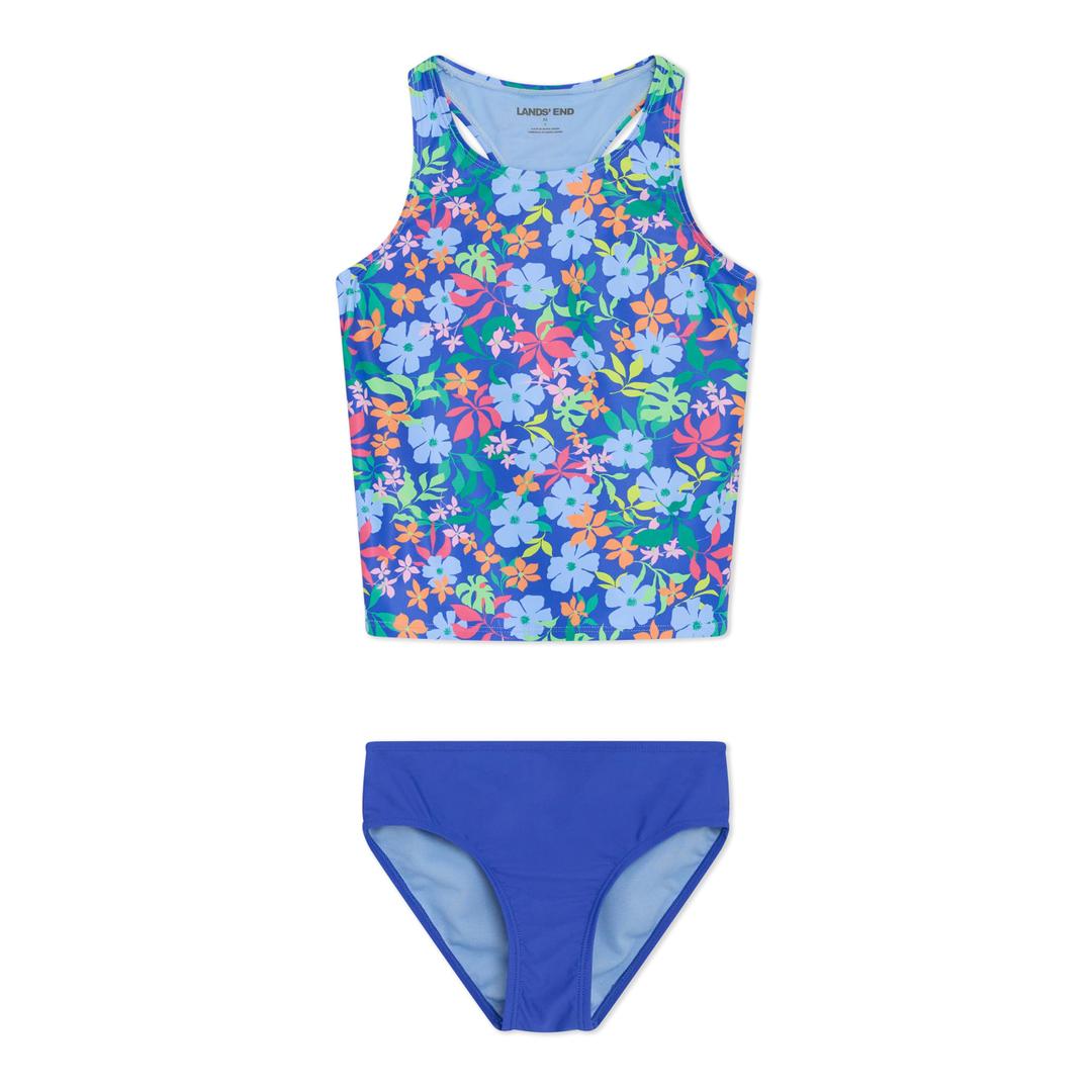 Lands' End Girls' UPF 50+ Swim Bikini Bottom and Racerback Tankini Set, Dazzling Blue, Medium