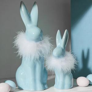 RM ROOMERS 2PCS Easter Bunny Figurine Decoration, Blue Ceramic Rabbit Statues with White Fluff on Neck, Porcelain Bunnies Spring Gifts for Indoor Tabletop Home Aesthetic Decor Farmhouse Wedding